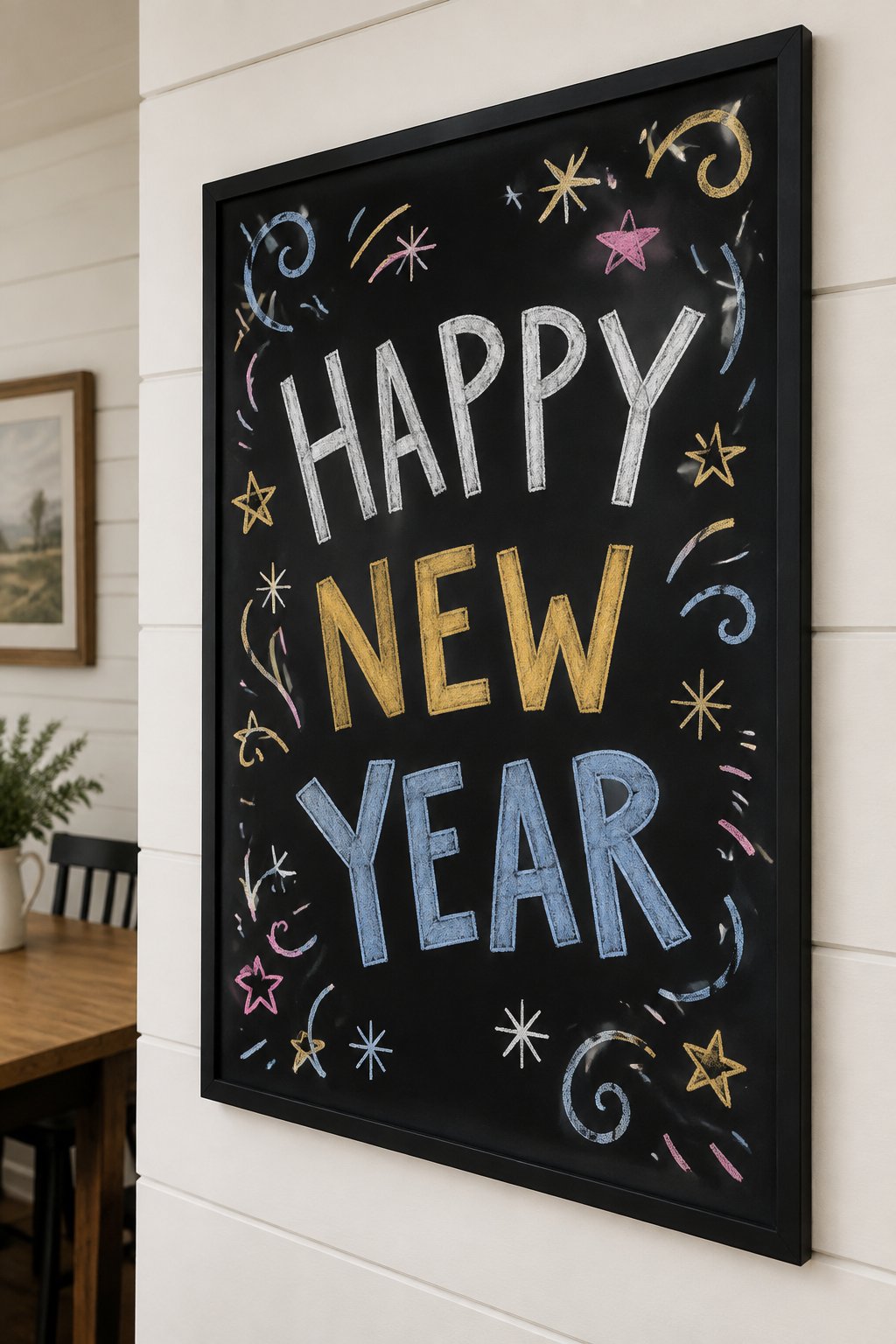 Swirly Celebration: a hand-drawn newyear chalkboard sign drawn without words, curlicues and stars all around.