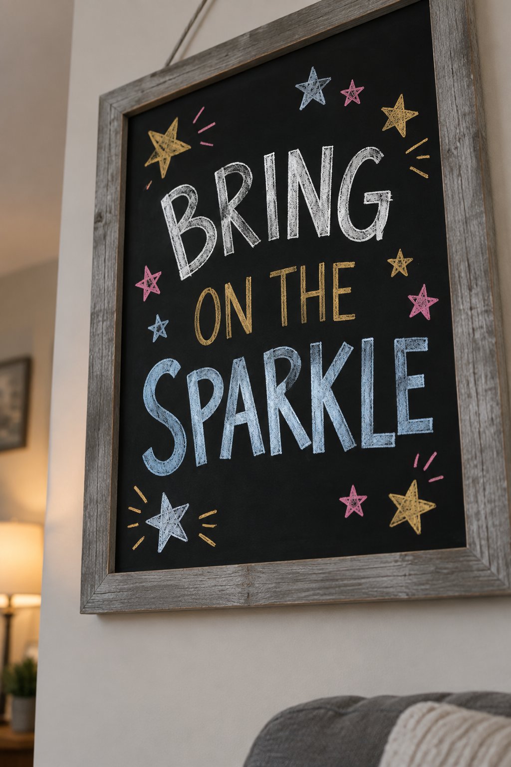 Glitter-Inspired Quote: a hand-drawn newyear chalkboard sign drawn without words, colorful stars around playful lettering.