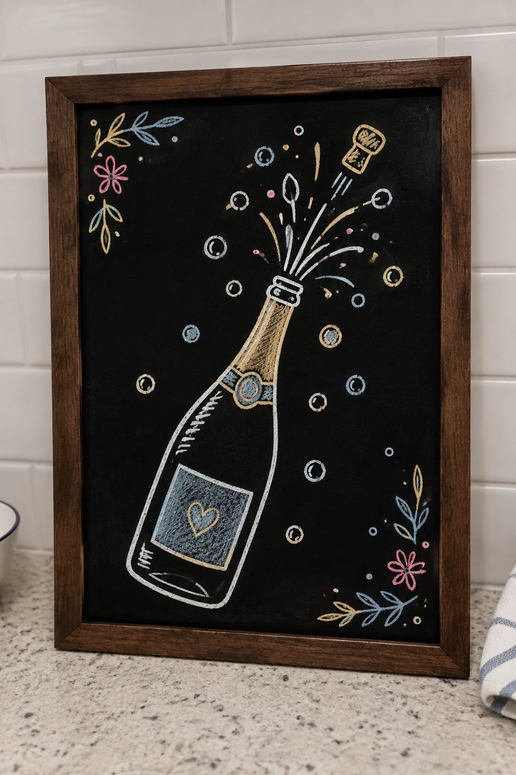 Bubbly Bottle: a hand-drawn newyear chalkboard sign drawn without words, an overflowing bottle with bubbles.