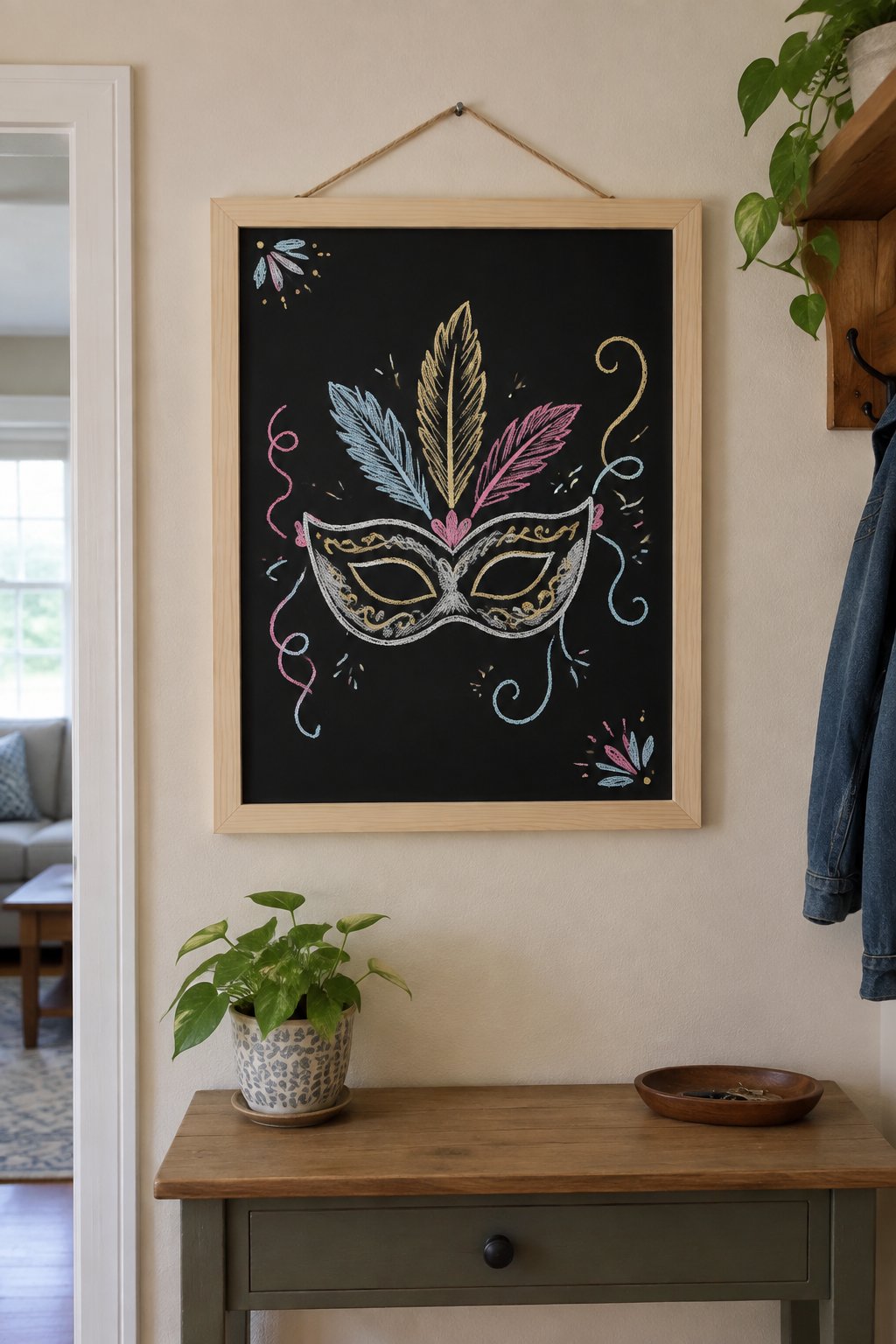 Masquerade Moment: a hand-drawn newyear chalkboard sign drawn without words, a masquerade mask with feathers and swirls.