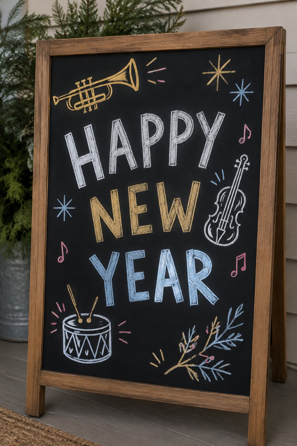 Musical Cheers: a hand-drawn newyear chalkboard sign drawn without words, trumpet, violin and drum around the lettering.