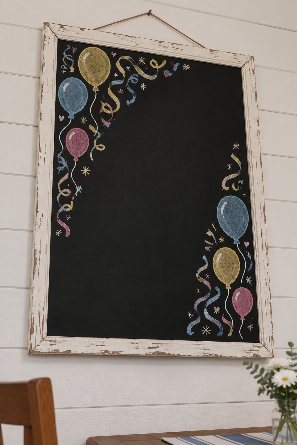 Ribbon Balloon Cascade: a hand-drawn newyear chalkboard sign drawn without words, streamers and balloons tumbling down the corner (old picture is a 3-board scene photo, redrawn as a single board).