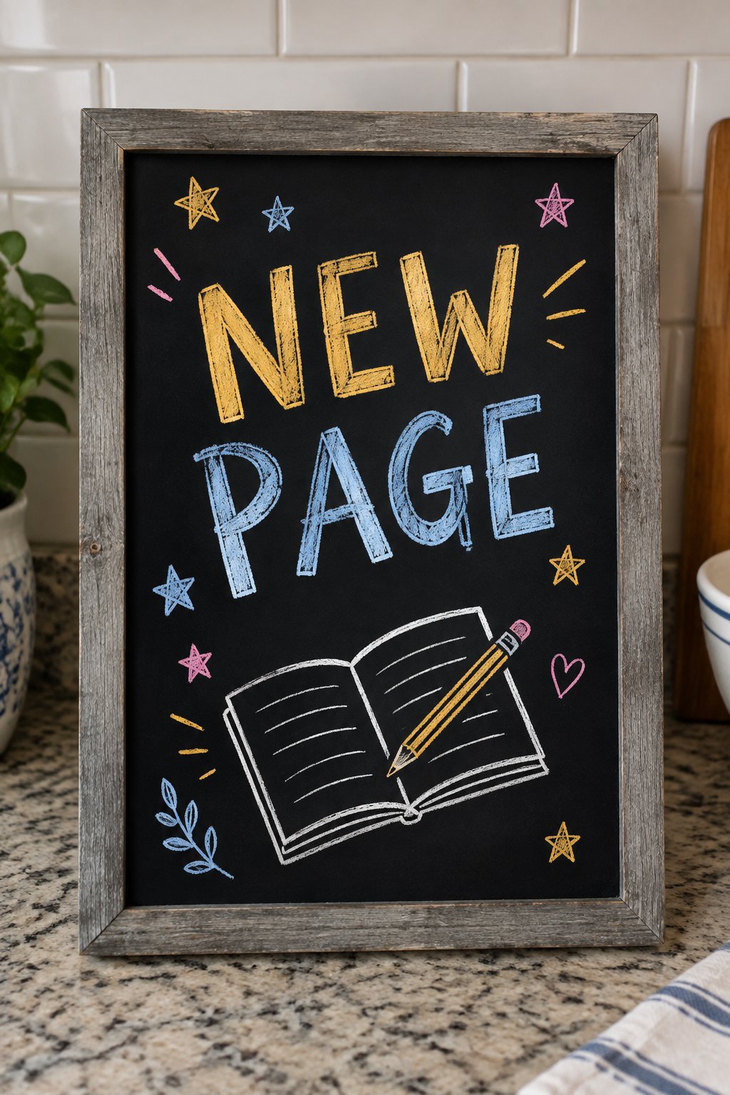 A New Page: a hand-drawn newyear chalkboard sign reading "NEW PAGE".