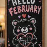 A hand-drawn valentines chalkboard sign reading "HELLO FEBRUARY".