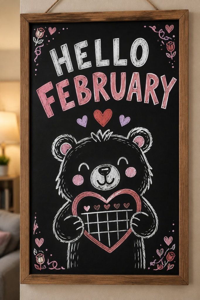 A hand-drawn valentines chalkboard sign reading "HELLO FEBRUARY".
