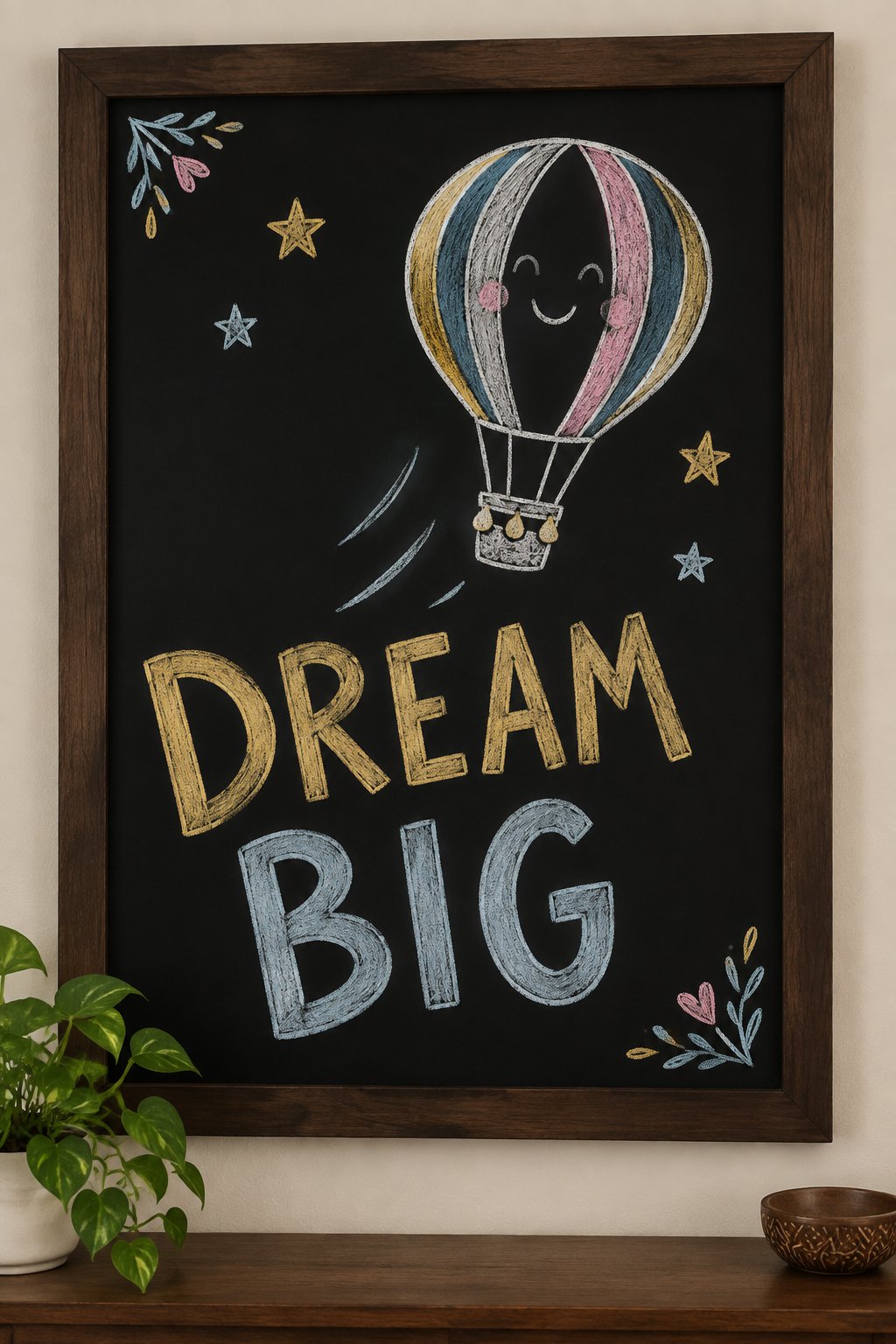 Dream Big Balloon: a hand-drawn newyear chalkboard sign reading "DREAM BIG".