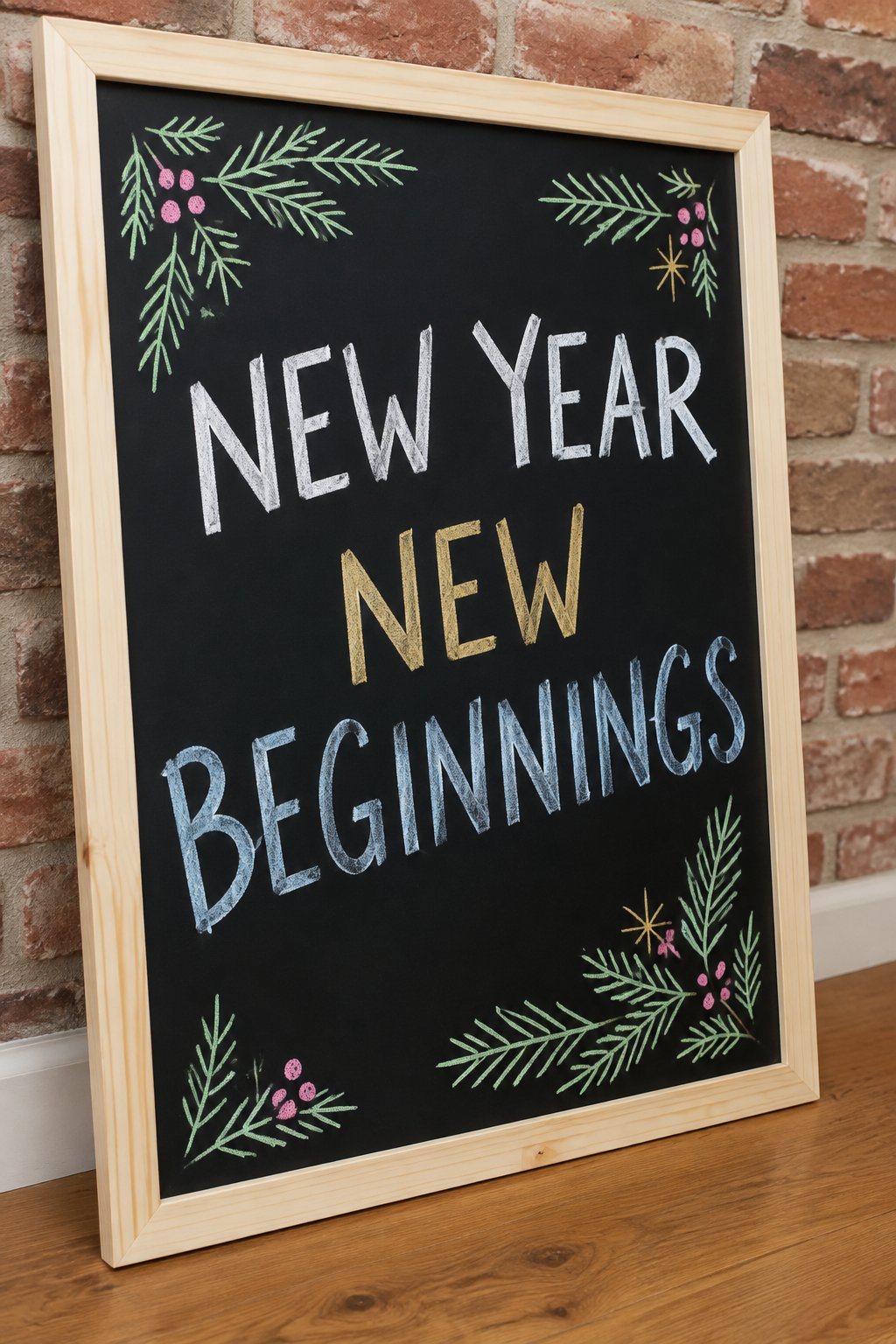 Fresh Start Message: a hand-drawn newyear chalkboard sign drawn without words, evergreen sprigs framing the lettering.