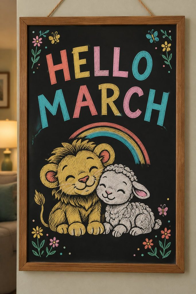 A hand-drawn spring chalkboard sign reading "HELLO MARCH".
