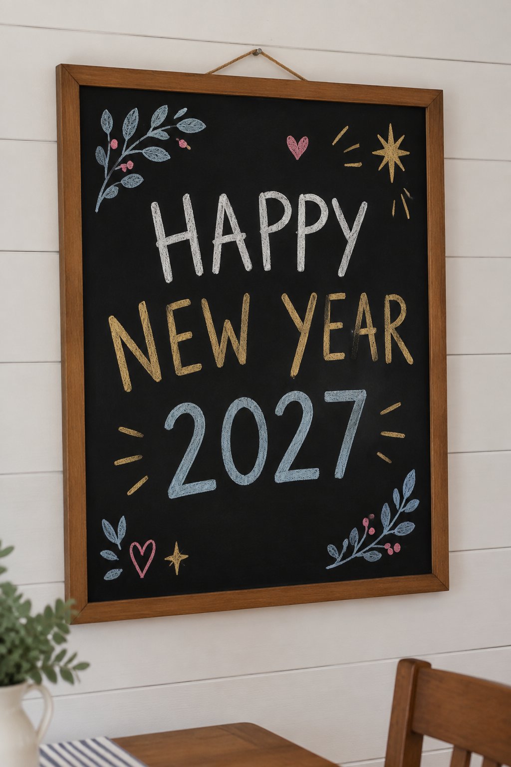 Bold New Year: a hand-drawn newyear chalkboard sign drawn without words, strong symmetrical layout with leafy accents (caption text 2025 to 2027: approved by Danielle 2026-10-02, apply at draft step).