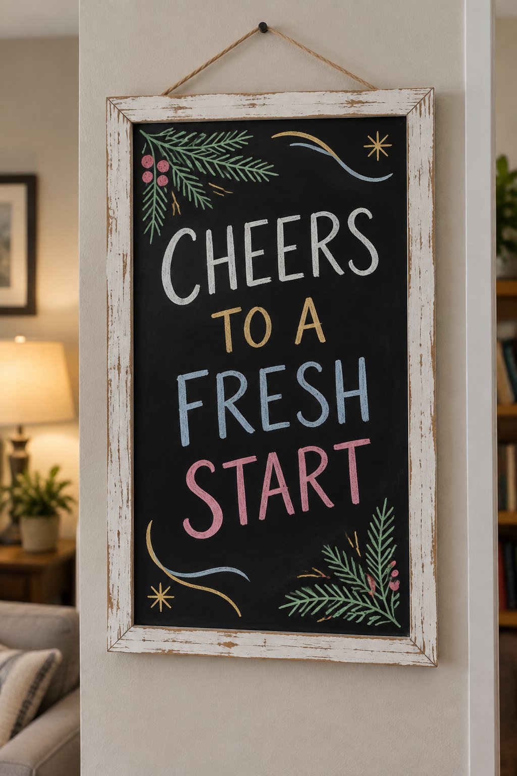 Fresh Start Cheers: a hand-drawn newyear chalkboard sign drawn without words, pine sprigs and soft curves.