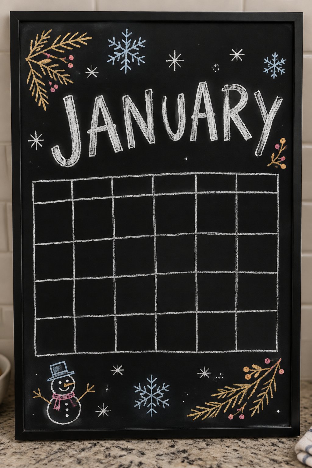 January Kickoff: a hand-drawn newyear chalkboard sign drawn without words, a simple chalkboard calendar with snowflakes and branches.