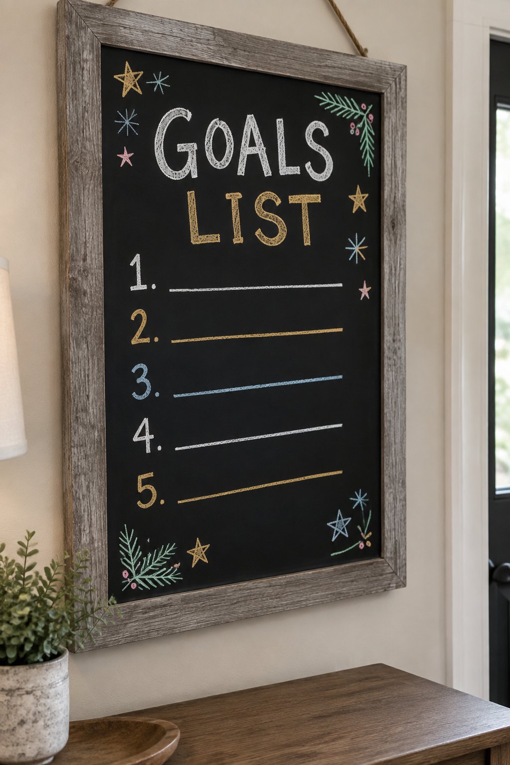 Goal Setter: a hand-drawn newyear chalkboard sign drawn without words, a numbered list with five blank lines, stars and evergreen sprigs.