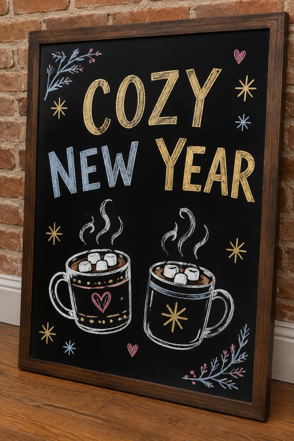 Cocoa Toast: a hand-drawn newyear chalkboard sign reading "COZY NEW YEAR".