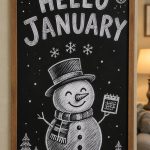 A hand-drawn winter chalkboard sign reading "HELLO JANUARY".