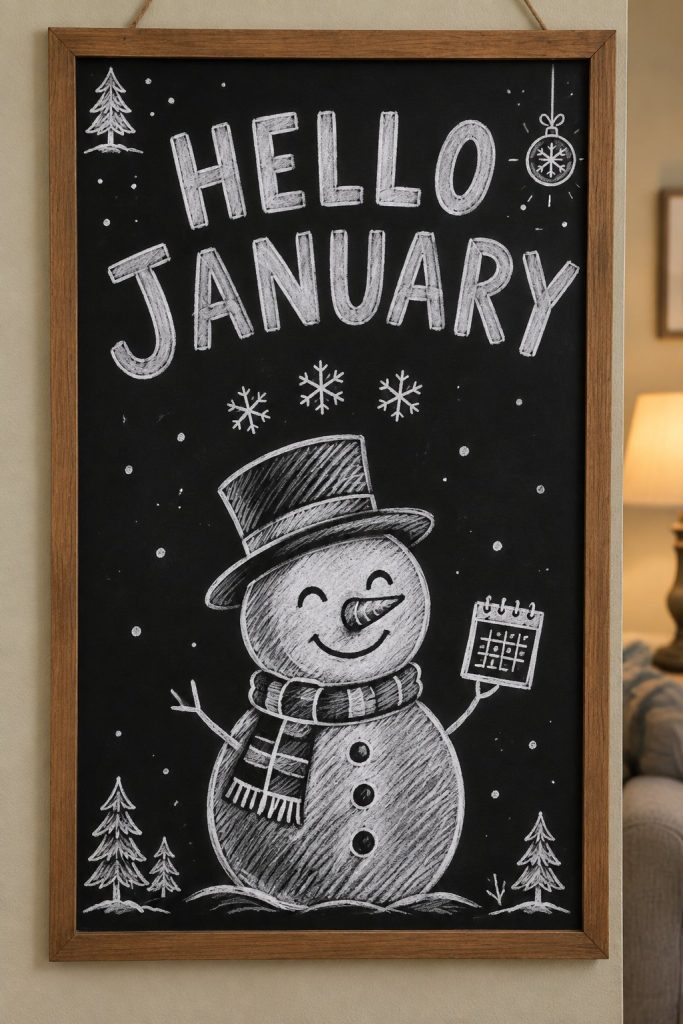 A hand-drawn winter chalkboard sign reading "HELLO JANUARY".