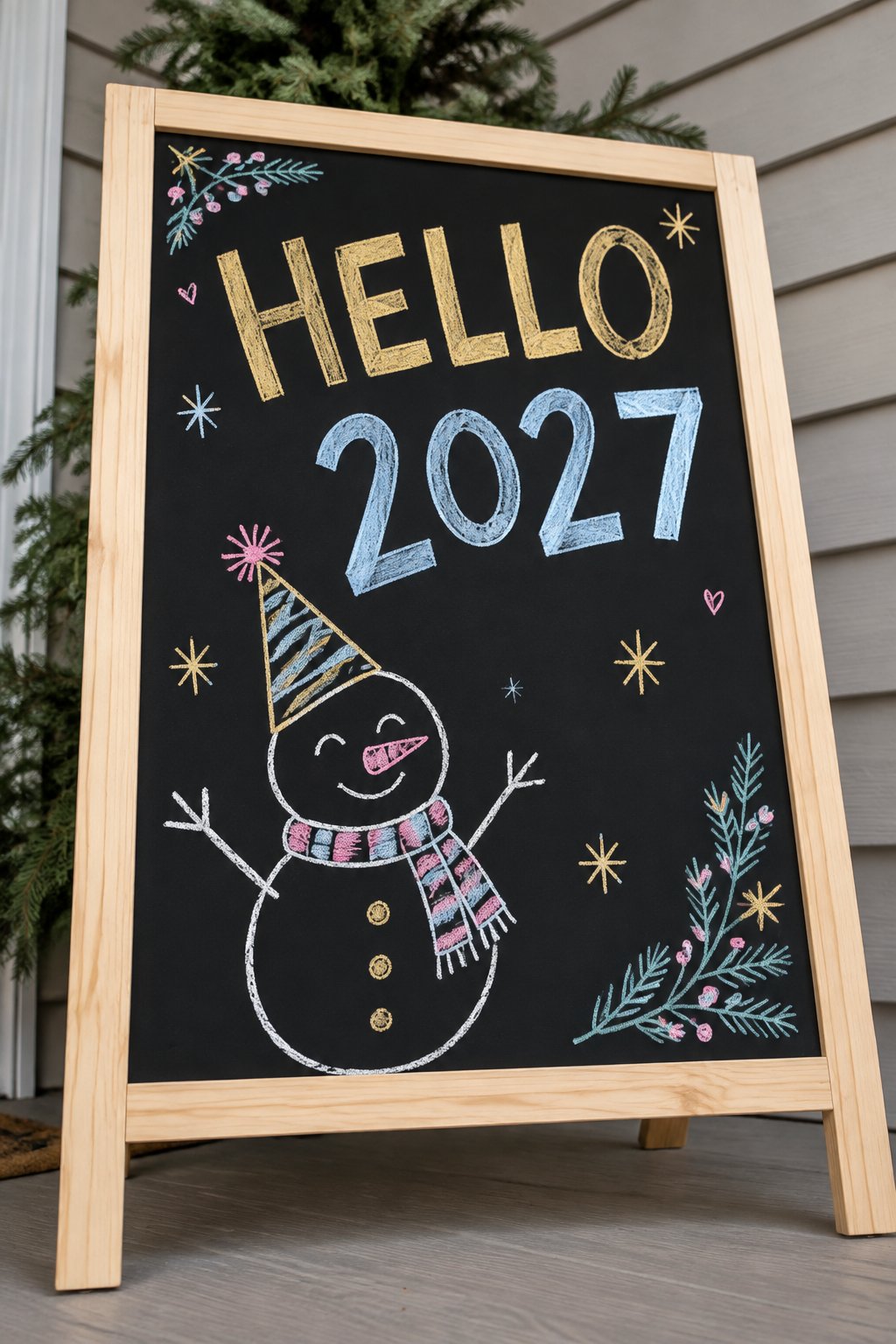 Party Snowman: a hand-drawn newyear chalkboard sign reading "HELLO 2027".