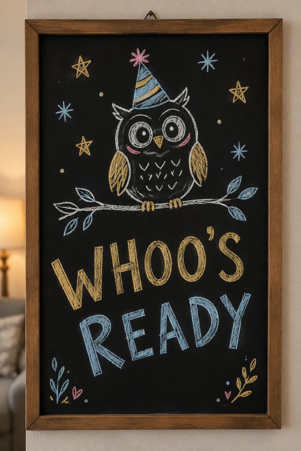 Night Owl: a hand-drawn newyear chalkboard sign reading "WHOO'S READY".