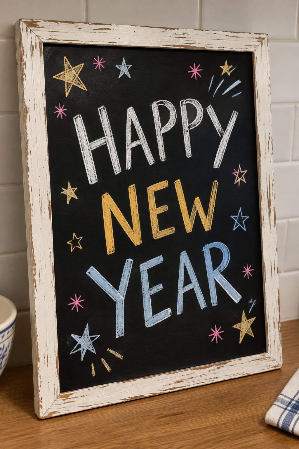 Classic Greeting: a hand-drawn newyear chalkboard sign drawn without words, clean lettering with scattered stars.
