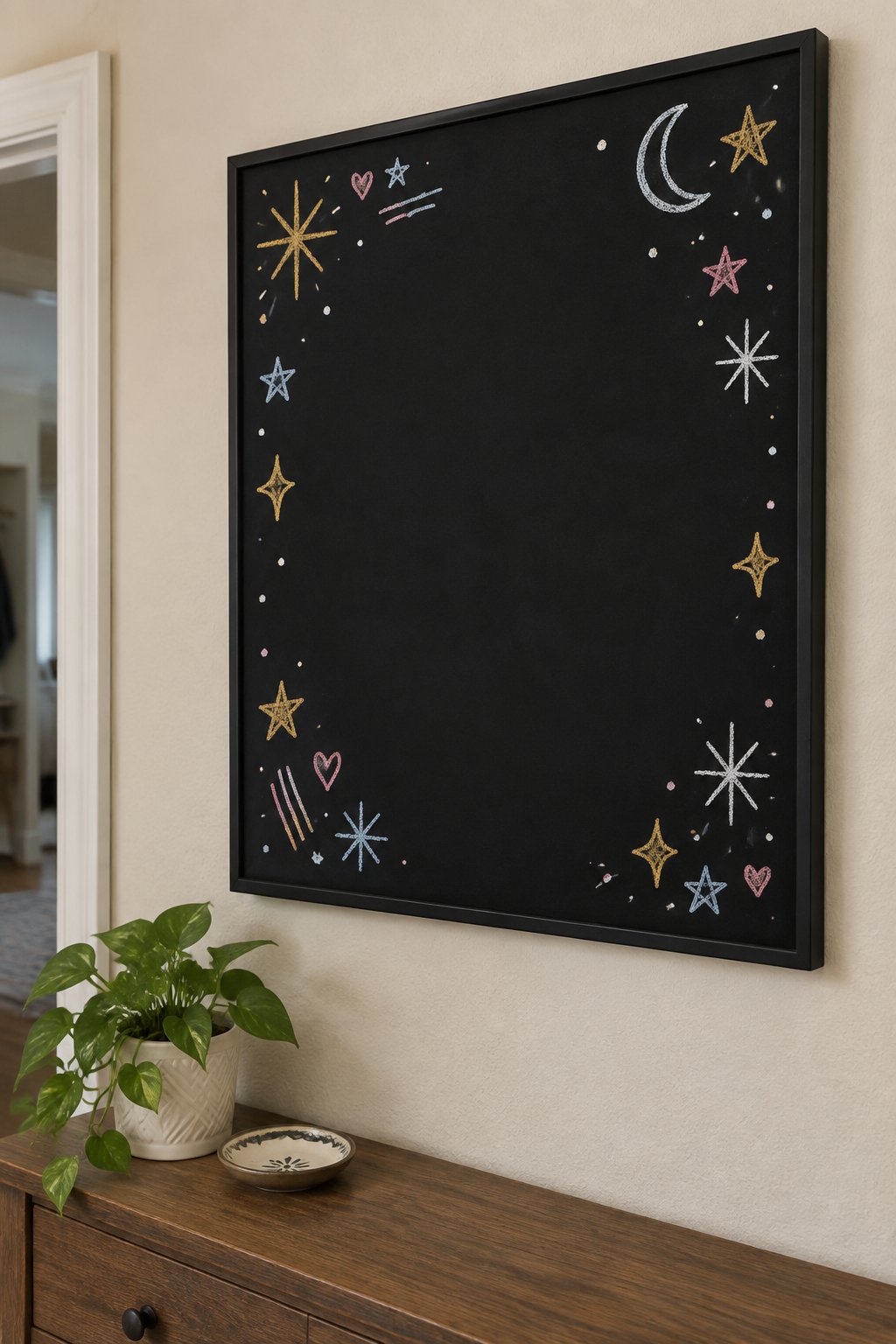 Starry Border: a hand-drawn newyear chalkboard sign drawn without words, twinkling stars surrounding an open center.