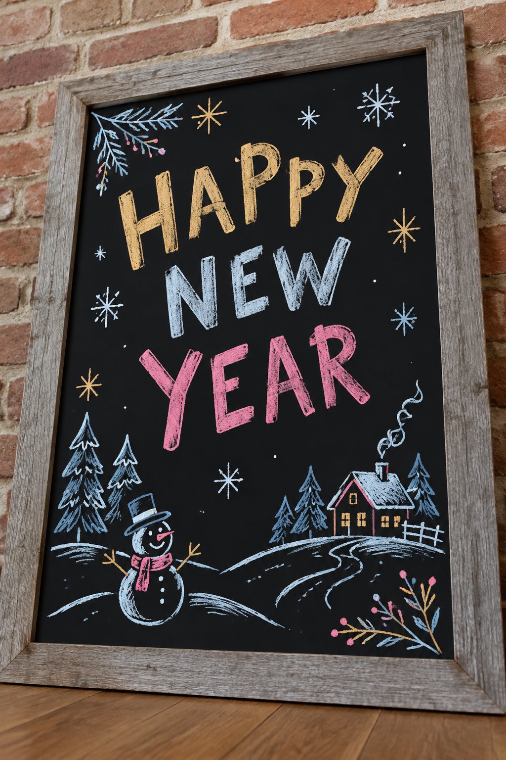 Snowy New Year: a hand-drawn newyear chalkboard sign drawn without words, a cozy snowy winter scene.