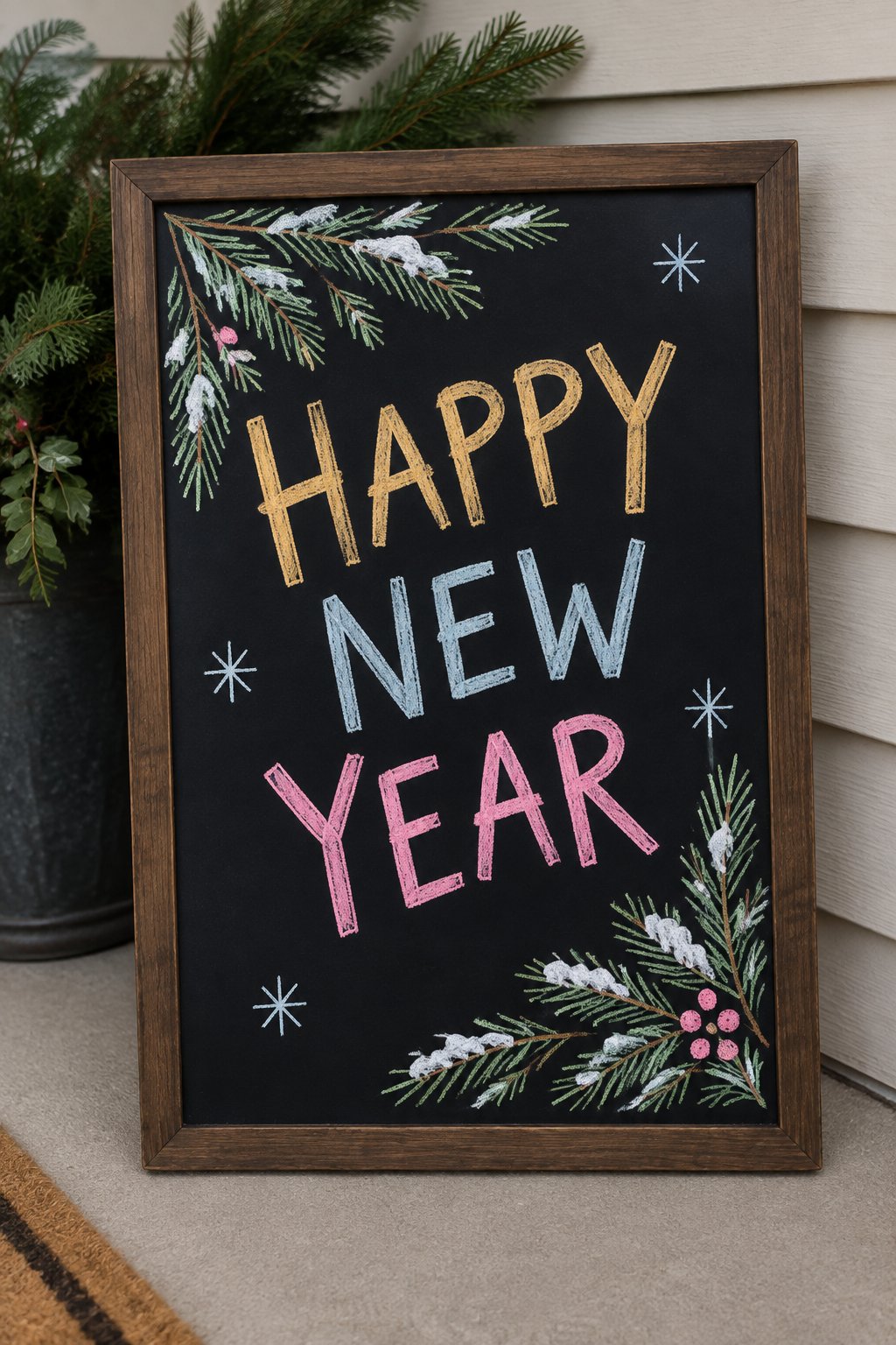 Pine & Script: a hand-drawn newyear chalkboard sign drawn without words, snow-dusted pine branches framing the greeting.