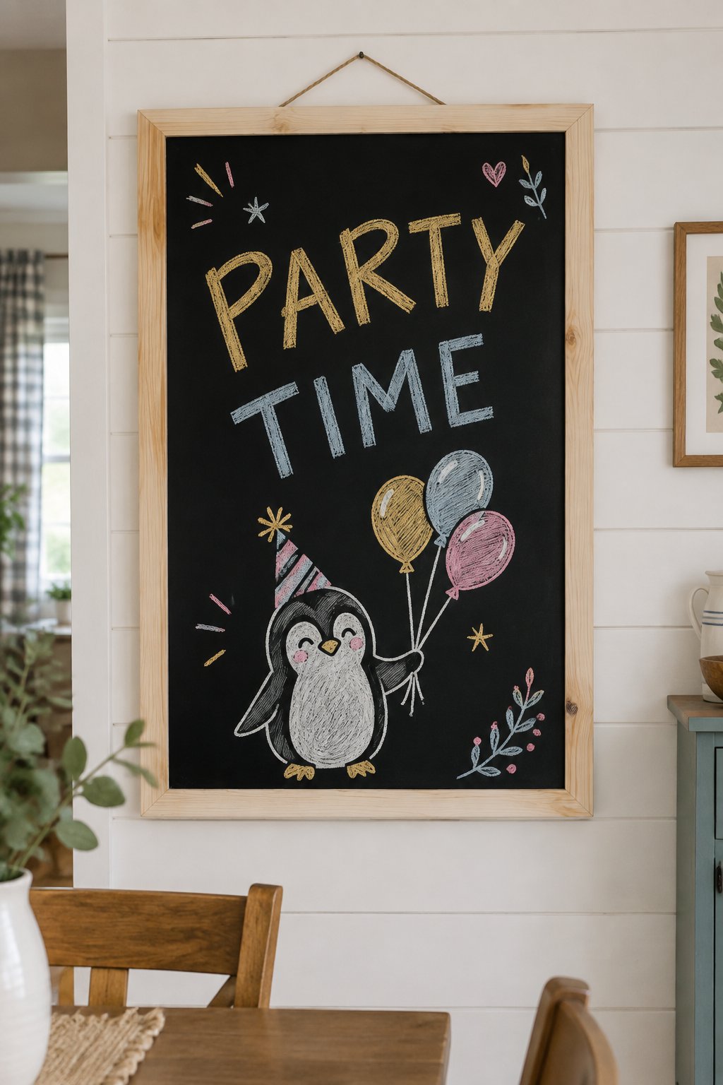 Penguin Party: a hand-drawn newyear chalkboard sign reading "PARTY TIME".