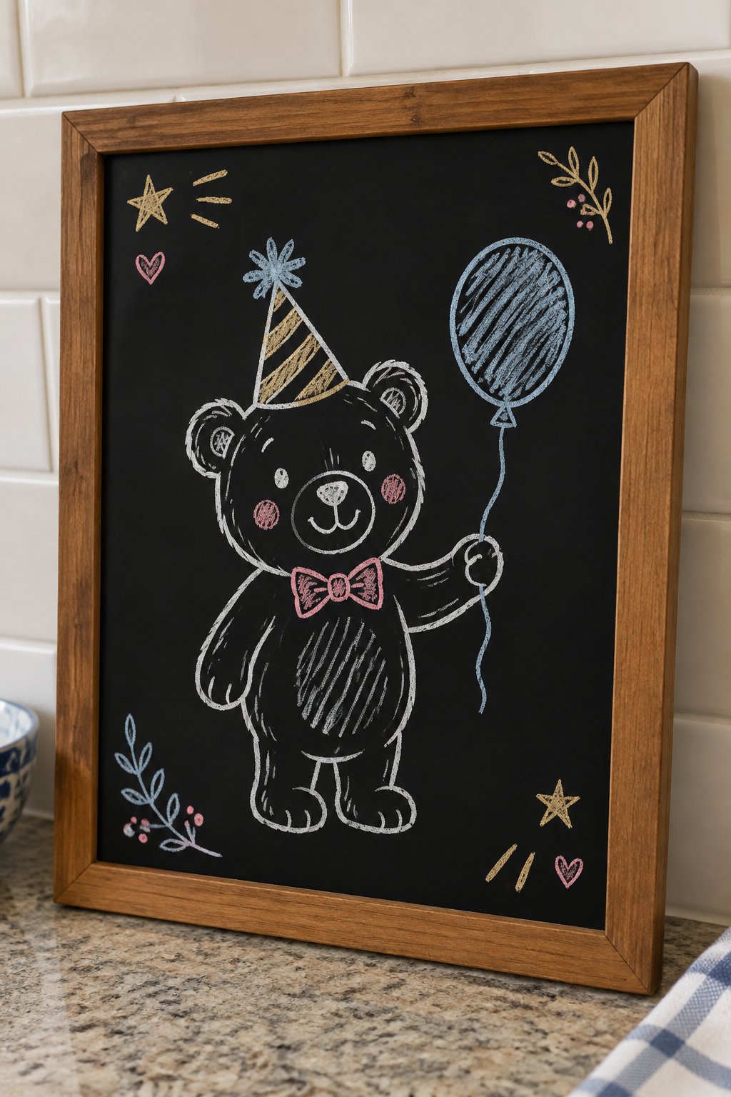 Teddy Bear Toast: a hand-drawn newyear chalkboard sign drawn without words, a smiling teddy bear wearing a party hat and a bow tie, holding a balloon.