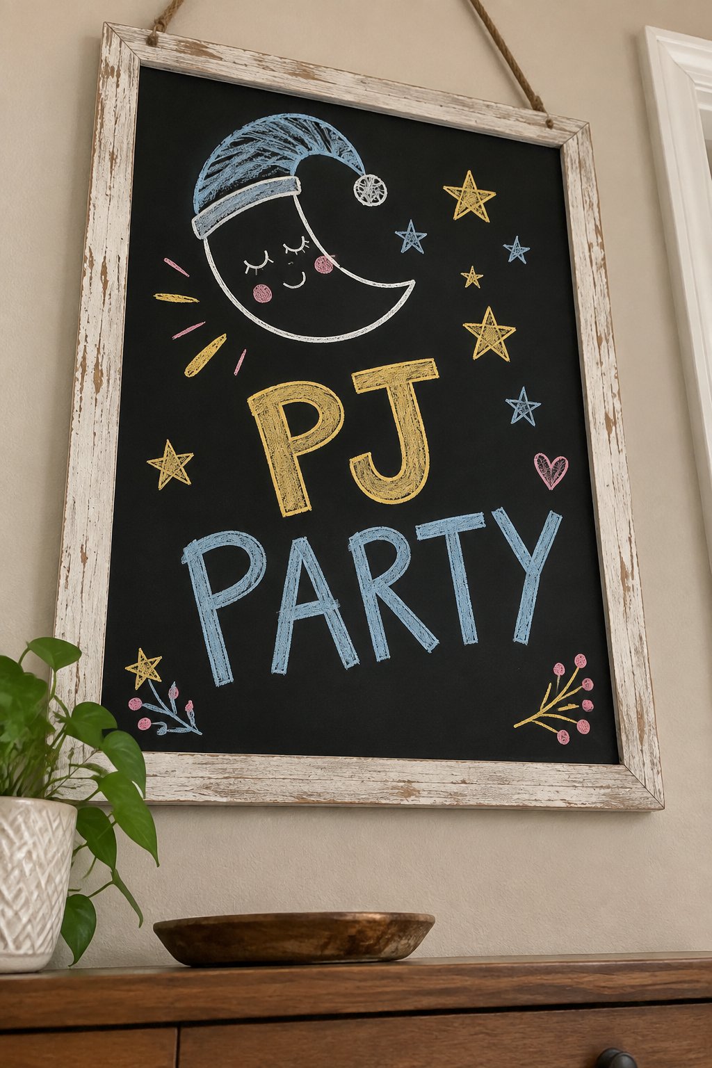 Pajama Party: a hand-drawn newyear chalkboard sign reading "PJ PARTY".