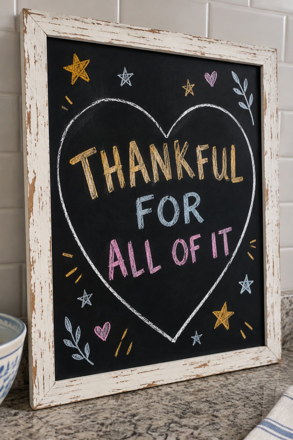 Grateful Heart: a hand-drawn newyear chalkboard sign reading "THANKFUL FOR ALL OF IT".