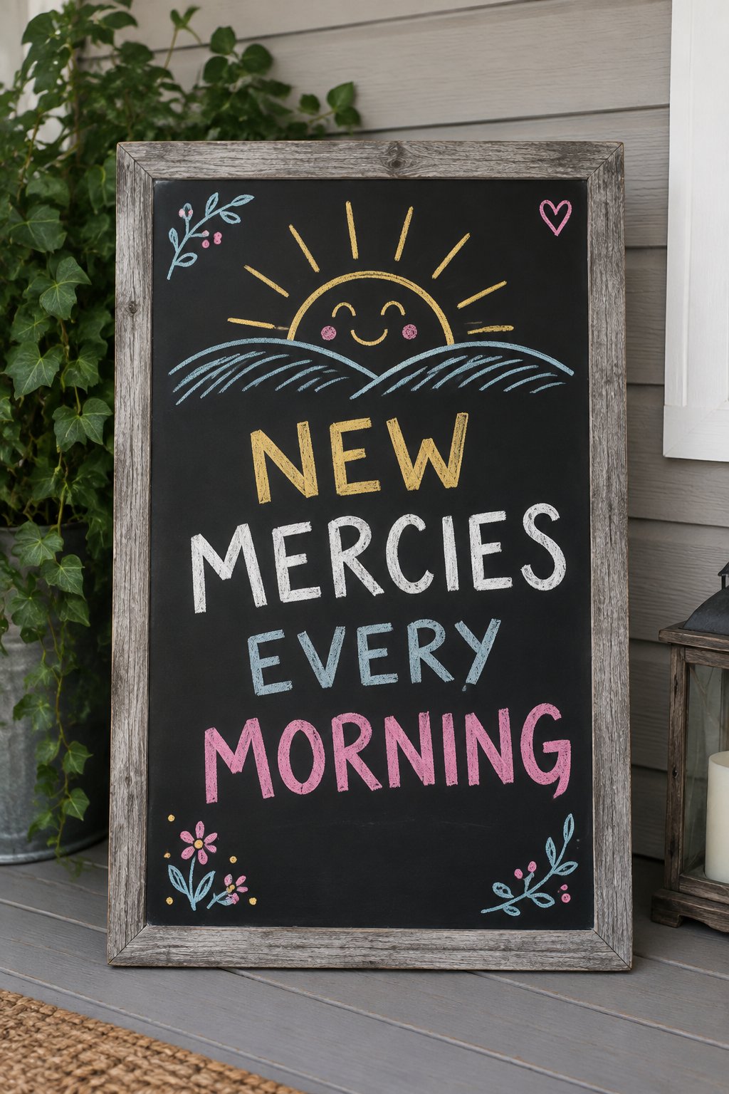 New Mercies: a hand-drawn newyear chalkboard sign reading "NEW MERCIES EVERY MORNING".