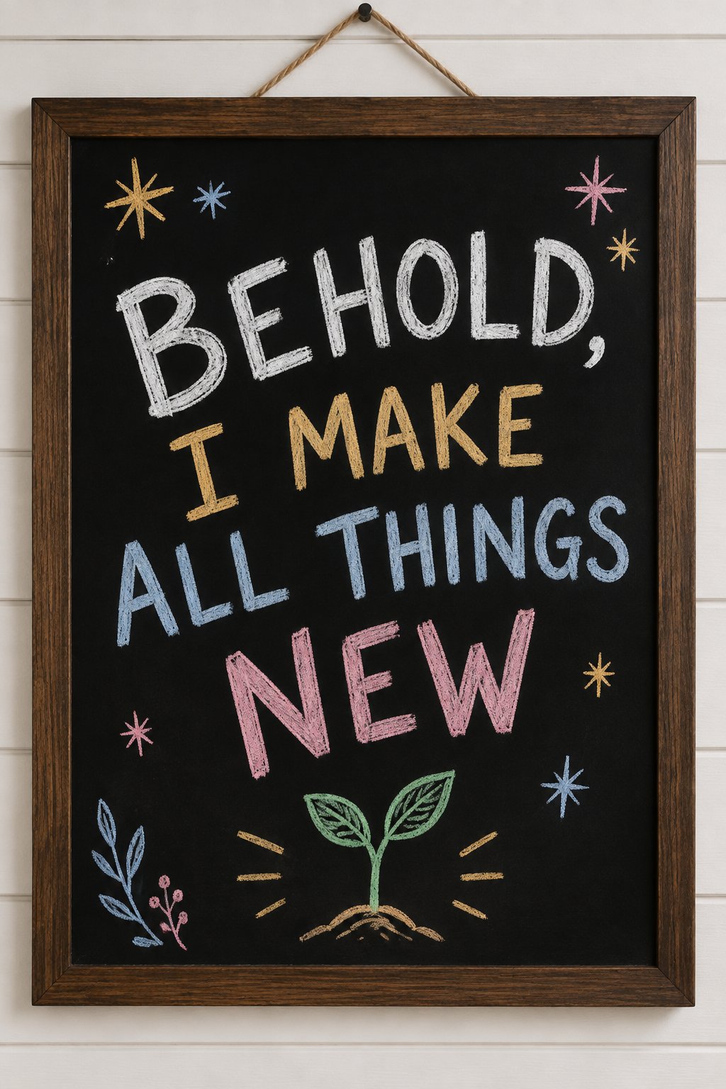 All Things New: a hand-drawn newyear chalkboard sign reading "BEHOLD, I MAKE ALL THINGS NEW".