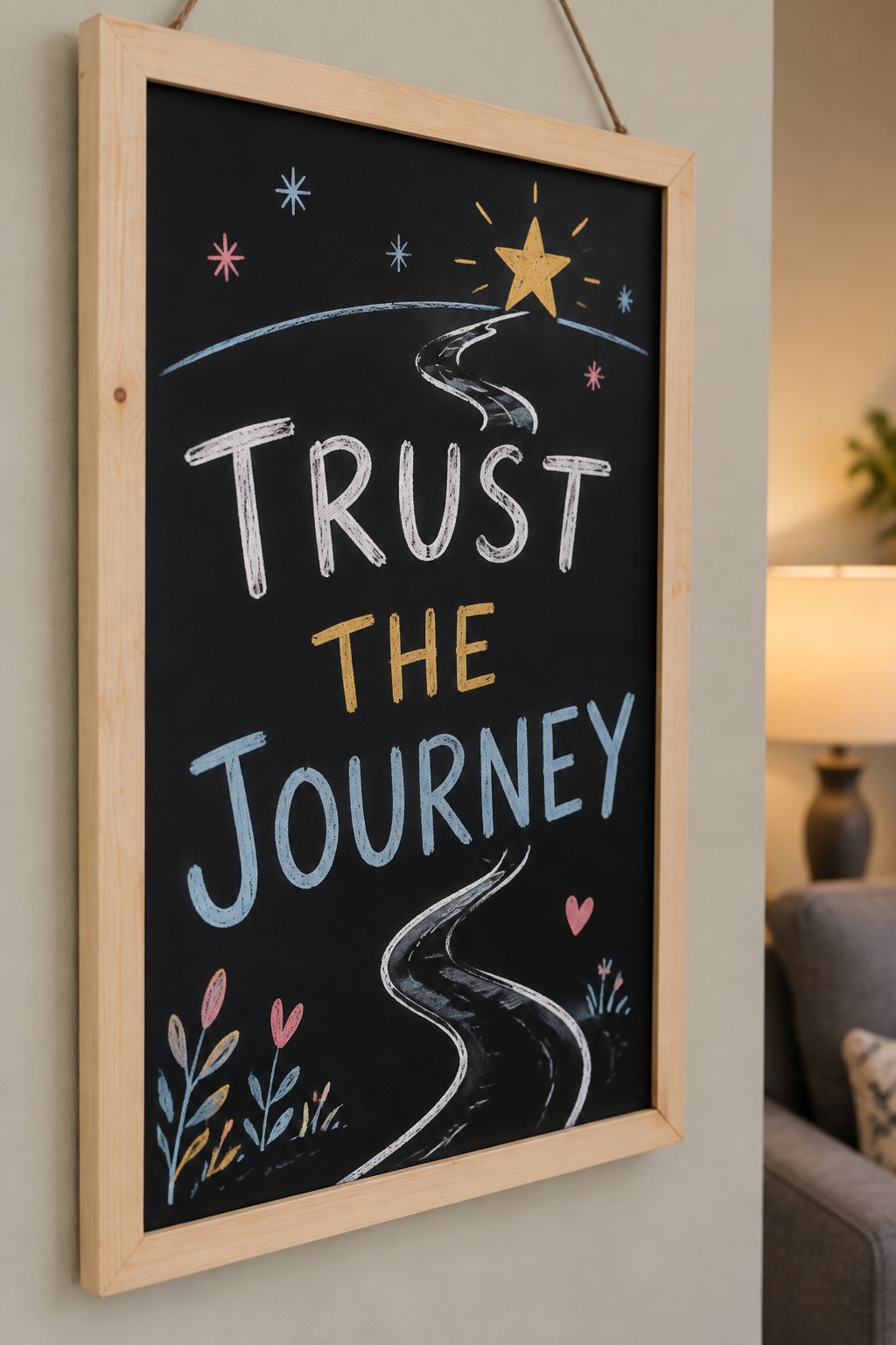 Trust the Journey: a hand-drawn newyear chalkboard sign reading "TRUST THE JOURNEY".