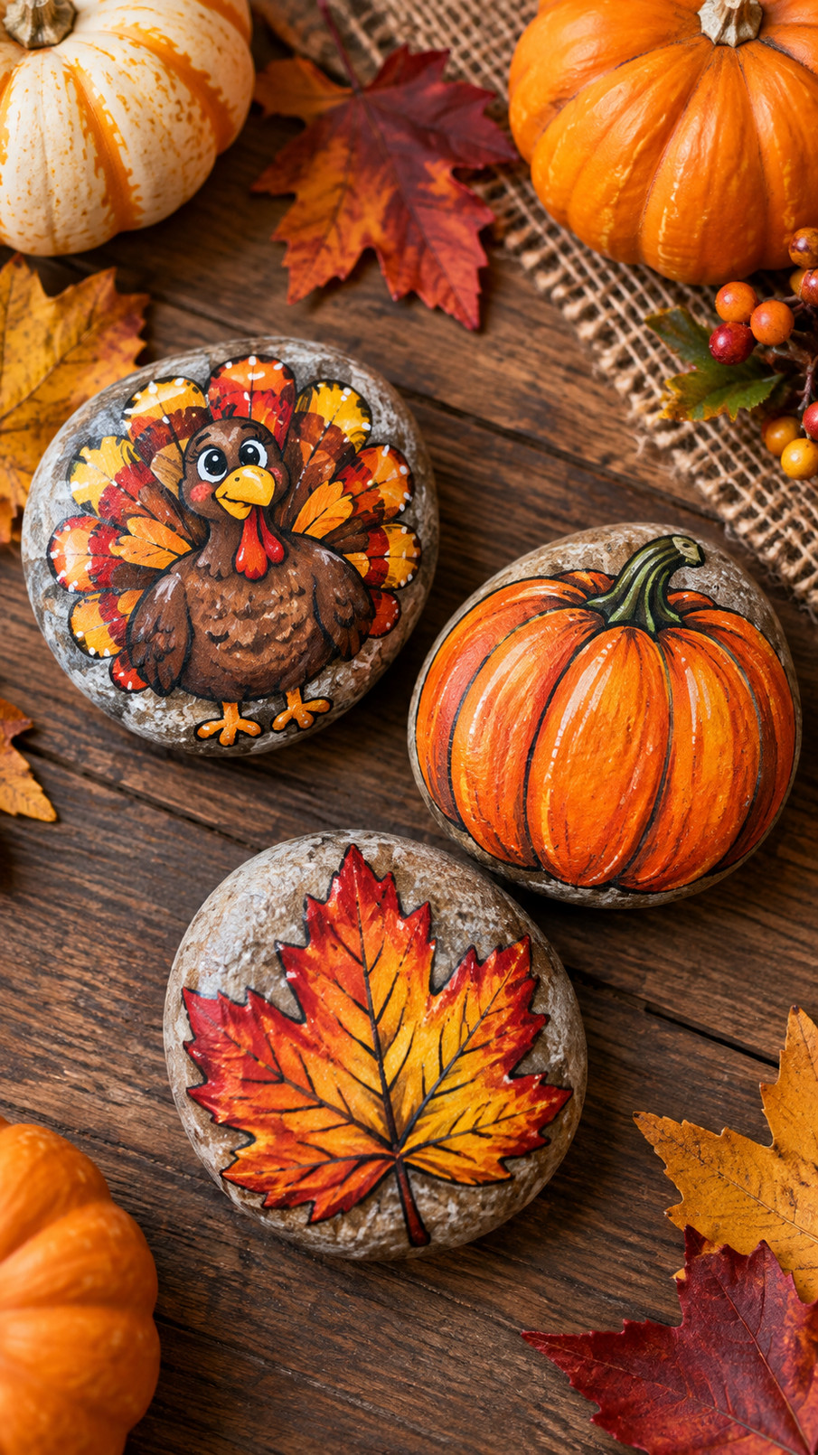 A Thanksgiving painted rock decorated with brown acorns and golden autumn leaves in a cozy fall design.