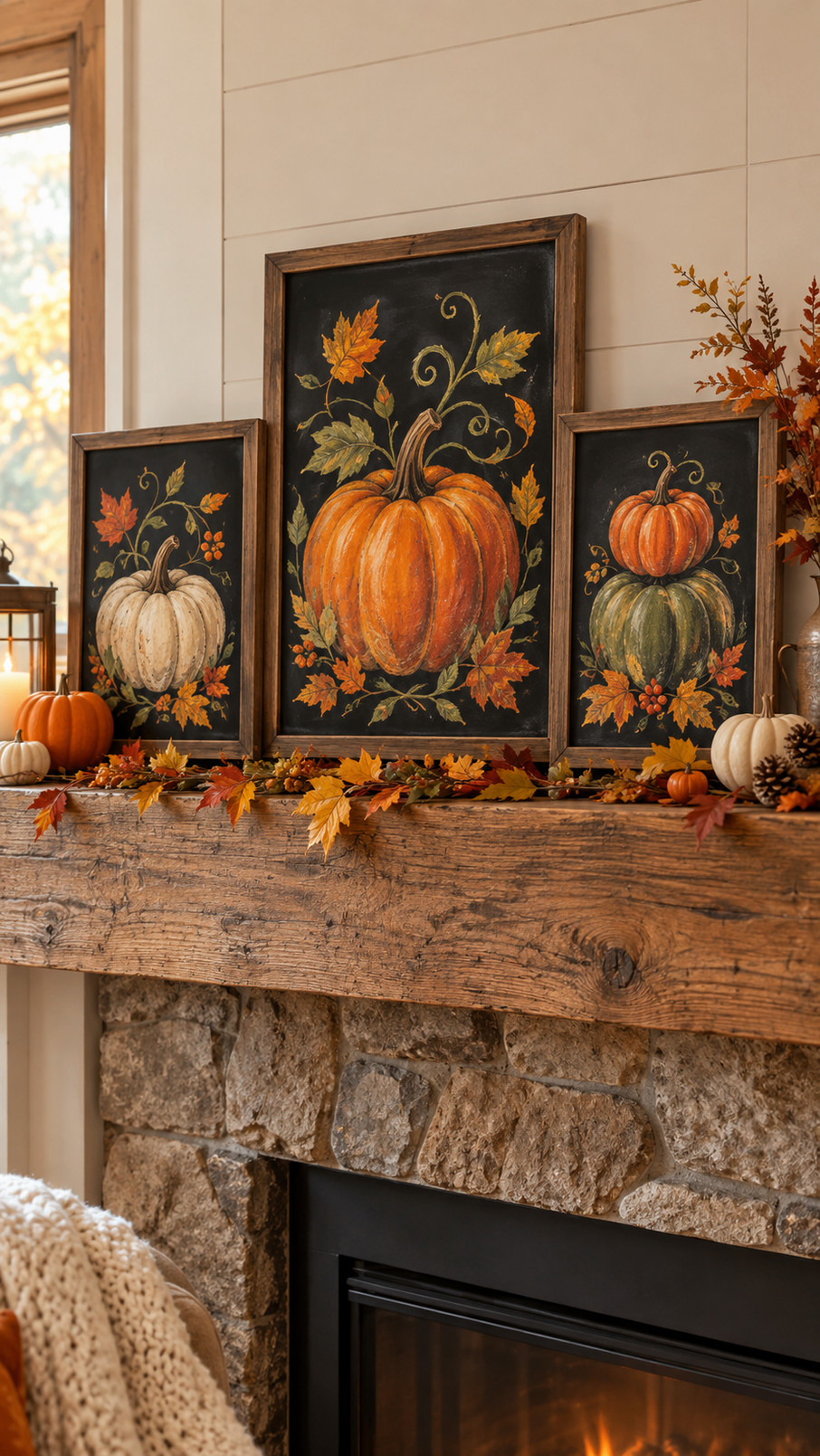 Photo of a pumpkin chalkboard art display with yellow, copper, and cream pumpkins, leafy vines, and curling stems on a dark chalkboard.